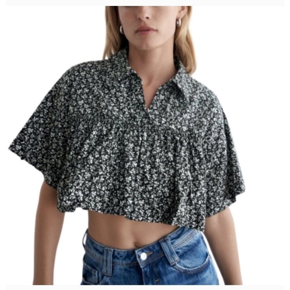 Zara Tops - Zara Black White Floral Ditsy Collared Cotton Crop Top Shirt Size Medium
